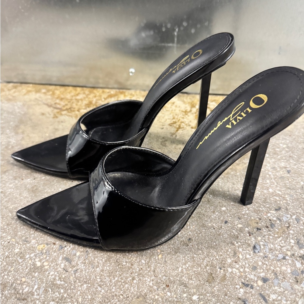 Black High Heeled Mules with Thin Stiletto and Patent Finish